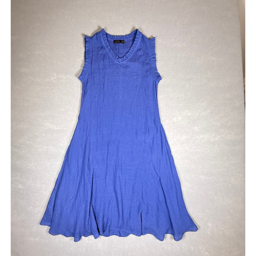 Gaya silk/cotton blue midi dress - sleeveless v neck modest gauzy beachy size M